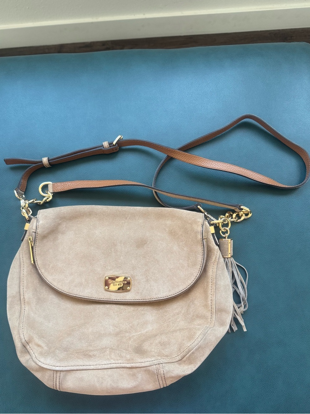 Michael Kors Beige Suede Crossbody with Brown Leather Strap